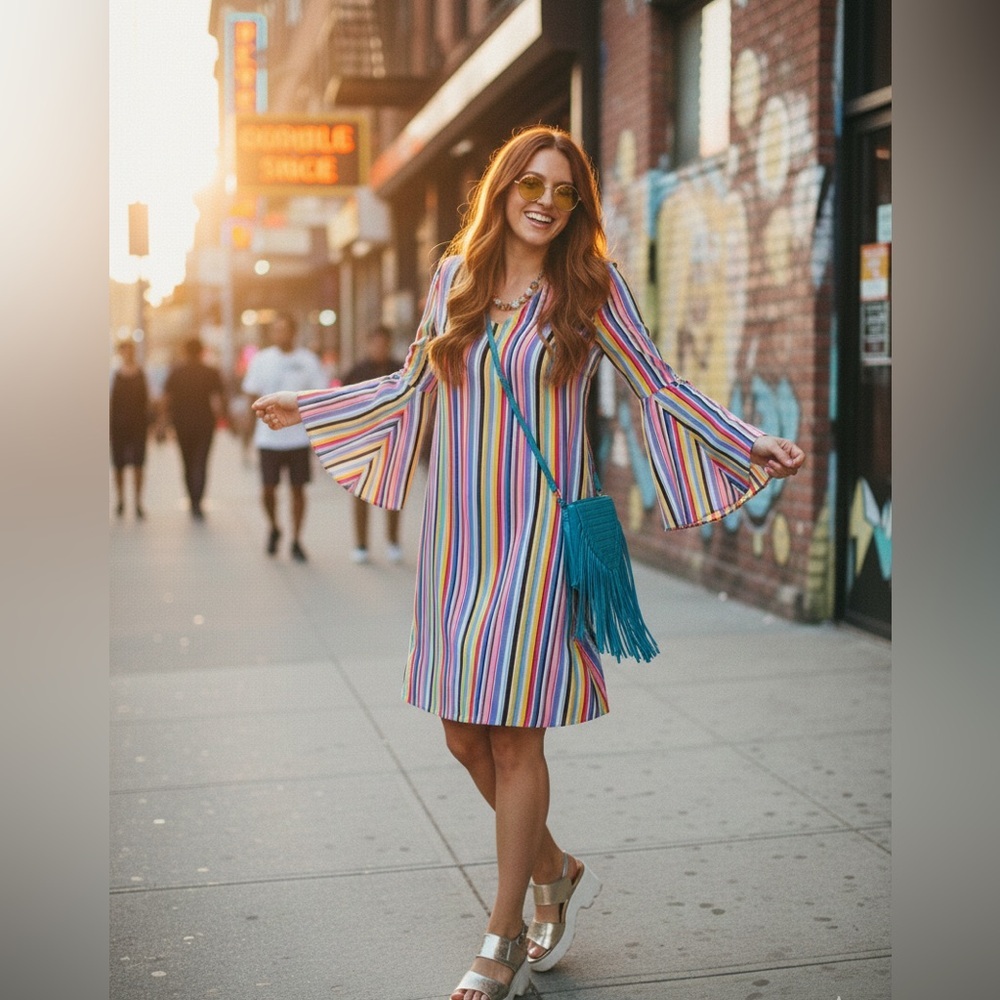 IVY ROAD Multicolor Striped Bell Sleeve Dress XL Kitschy 70s Boho Retro Dopamine
